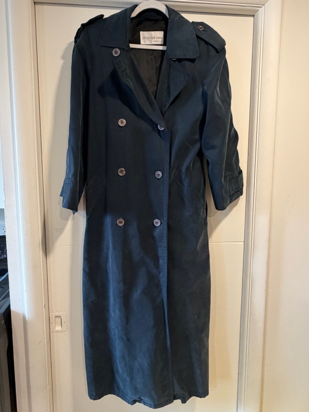 Jones New York Navy Double-Breasted Long Trench Coat
